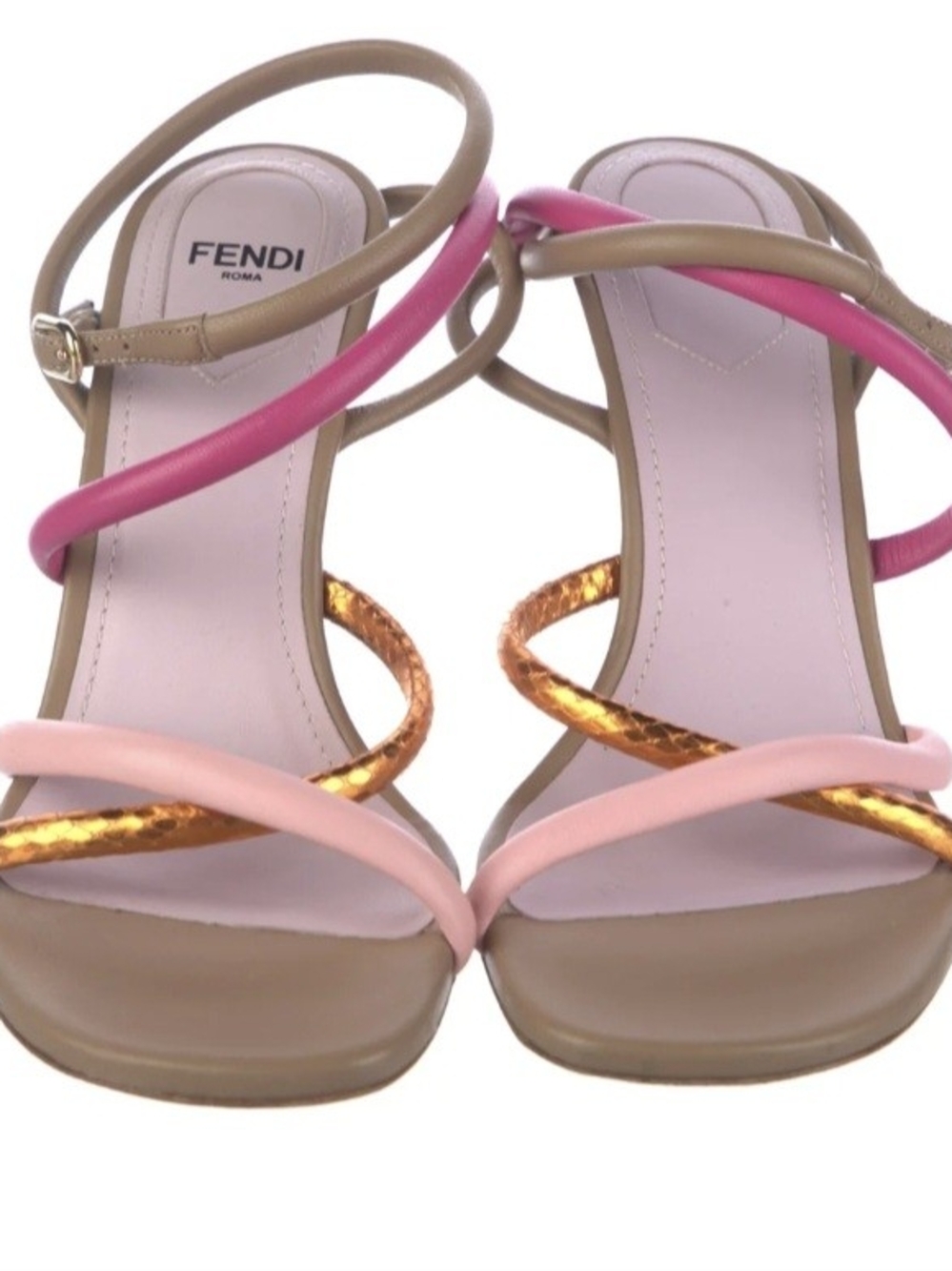 Fendi Multicolor Strappy Heeled Sandals in Pink, Light Pink, Tan & Metallic Gold